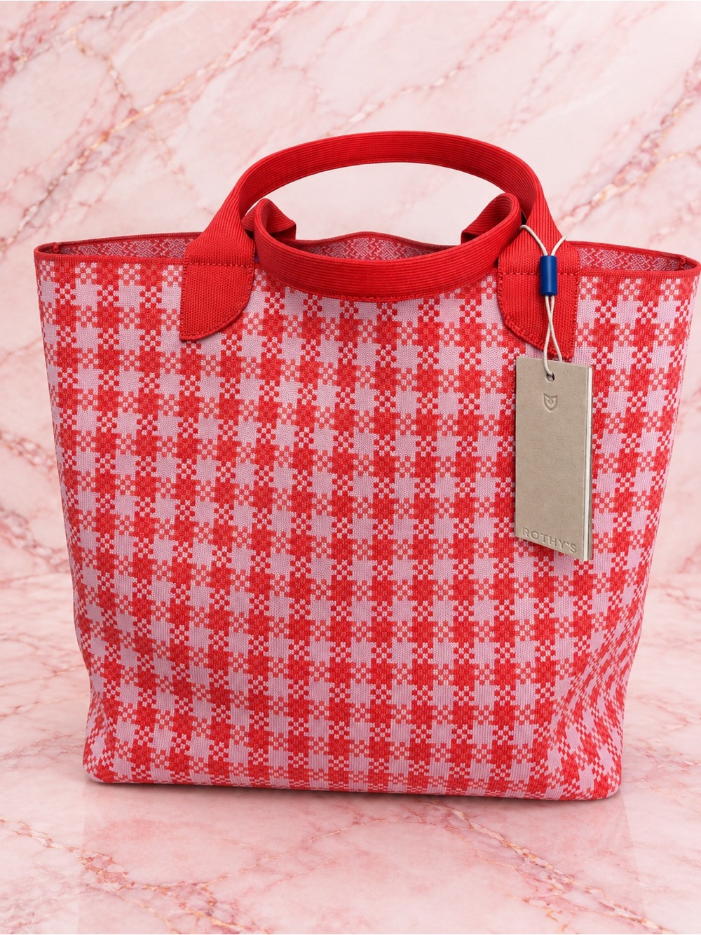 Rothy’s The Lightweight Tote Poppy Gingham Pink Red NWT Discontinued